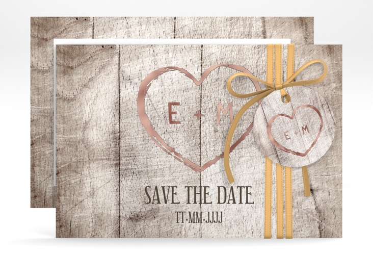 Save the Date-Karte Wood A6 Karte quer weiss rosegold in Holz-Optik mit Herz und Initialen