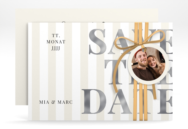 Save the Date-Karte Streifen A6 Karte quer beige silber