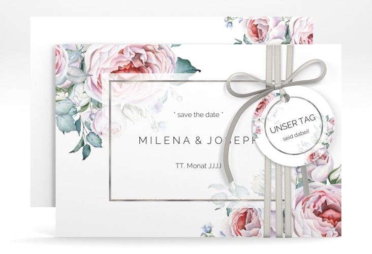 Save the Date-Karte Embrace A6 Karte quer weiss silber