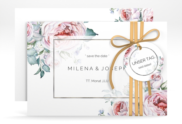 Save the Date-Karte Embrace A6 Karte quer weiss silber