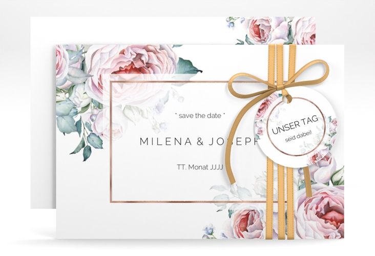 Save the Date-Karte Embrace A6 Karte quer weiss rosegold