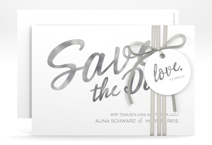 Save the Date-Karte Glam A6 Karte quer weiss silber