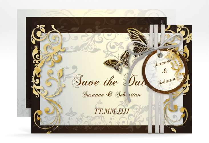 Save the Date-Karte Hochzeit Toulouse A6 Karte quer braun gold romantisch mit Schmetterlingen