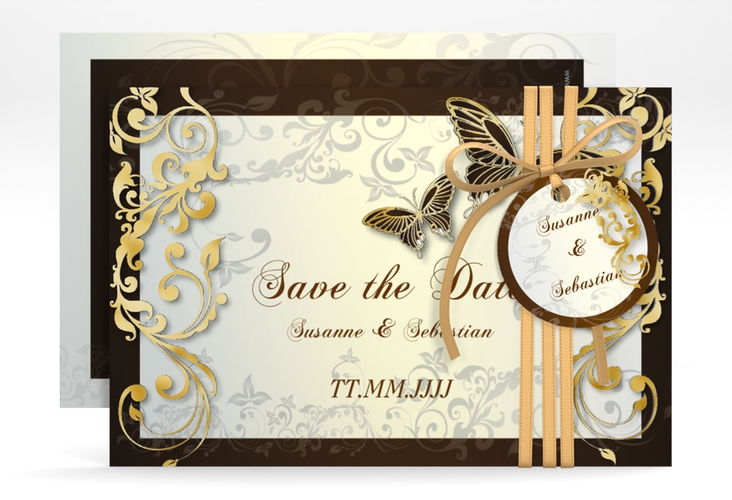 Save the Date-Karte Hochzeit Toulouse A6 Karte quer braun gold romantisch mit Schmetterlingen