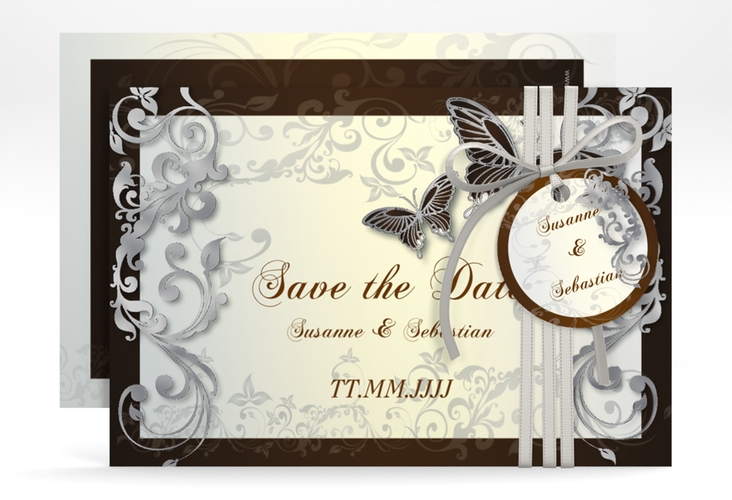 Save the Date-Karte Hochzeit Toulouse A6 Karte quer braun silber romantisch mit Schmetterlingen