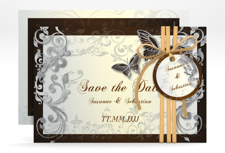 Save the Date-Karte Hochzeit Toulouse A6 Karte quer braun silber romantisch mit Schmetterlingen