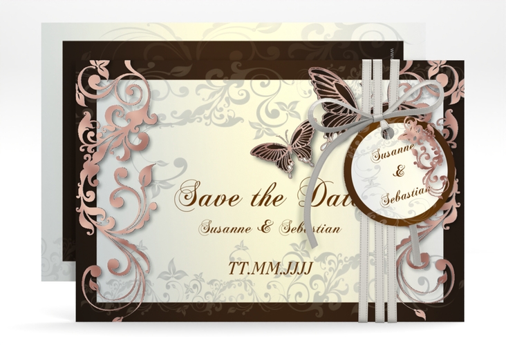 Save the Date-Karte Hochzeit Toulouse A6 Karte quer braun rosegold romantisch mit Schmetterlingen