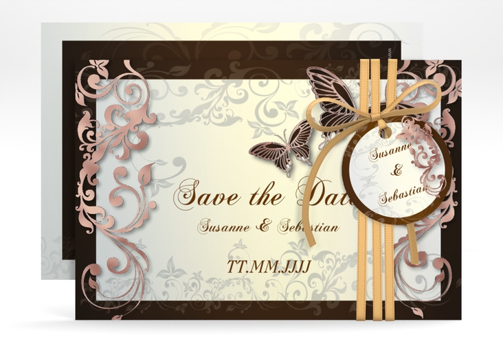Save the Date-Karte Hochzeit Toulouse A6 Karte quer braun rosegold romantisch mit Schmetterlingen