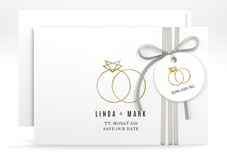 Save the Date-Karte Rings A6 Karte quer weiss gold