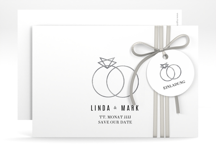 Save the Date-Karte Rings A6 Karte quer weiss silber