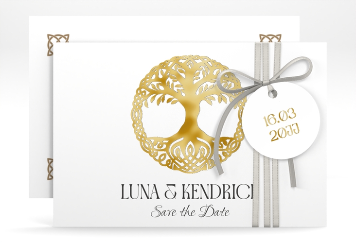 Save the Date-Karte Lebensbaum A6 Karte quer weiss gold im Stil der Kelten und Wikinger