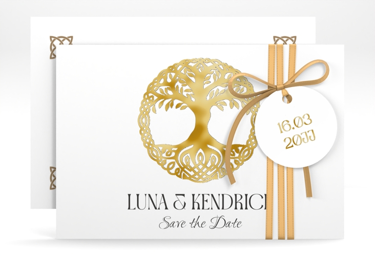 Save the Date-Karte Lebensbaum A6 Karte quer weiss gold im Stil der Kelten und Wikinger