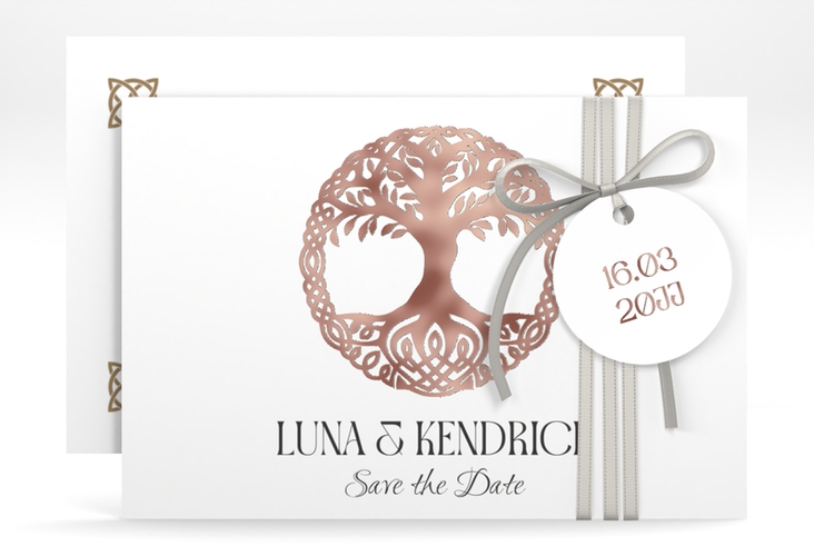 Save the Date-Karte Lebensbaum A6 Karte quer weiss rosegold im Stil der Kelten und Wikinger