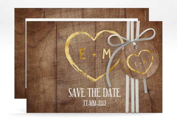 Save the Date-Karte Wood A6 Karte quer braun gold in Holz-Optik mit Herz und Initialen