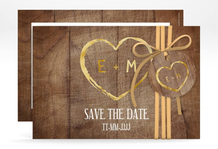 Save the Date-Karte Wood A6 Karte quer braun gold in Holz-Optik mit Herz und Initialen
