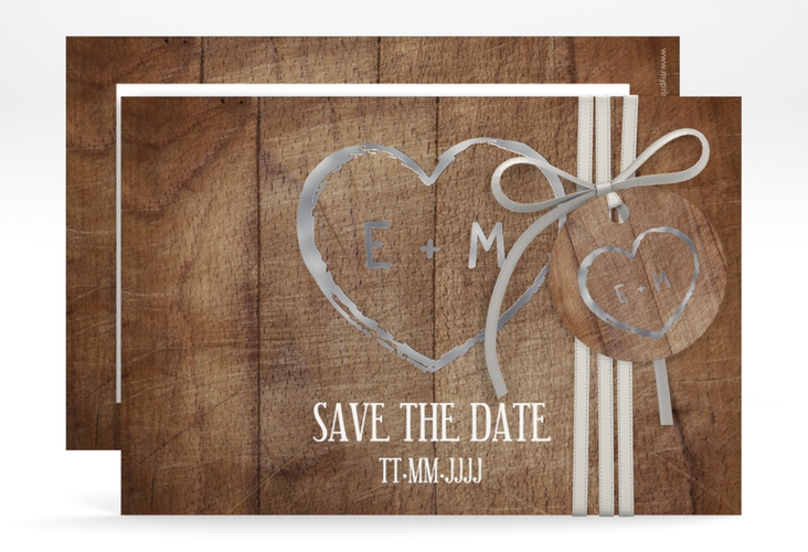Save the Date-Karte Wood A6 Karte quer braun silber in Holz-Optik mit Herz und Initialen