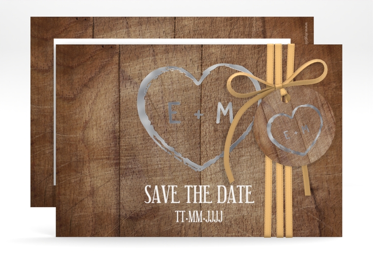 Save the Date-Karte Wood A6 Karte quer braun silber in Holz-Optik mit Herz und Initialen