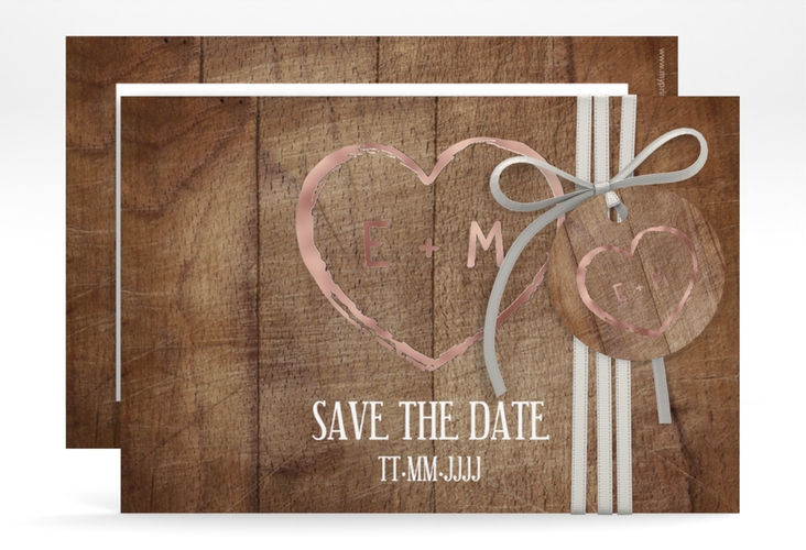 Save the Date-Karte Wood A6 Karte quer braun rosegold in Holz-Optik mit Herz und Initialen