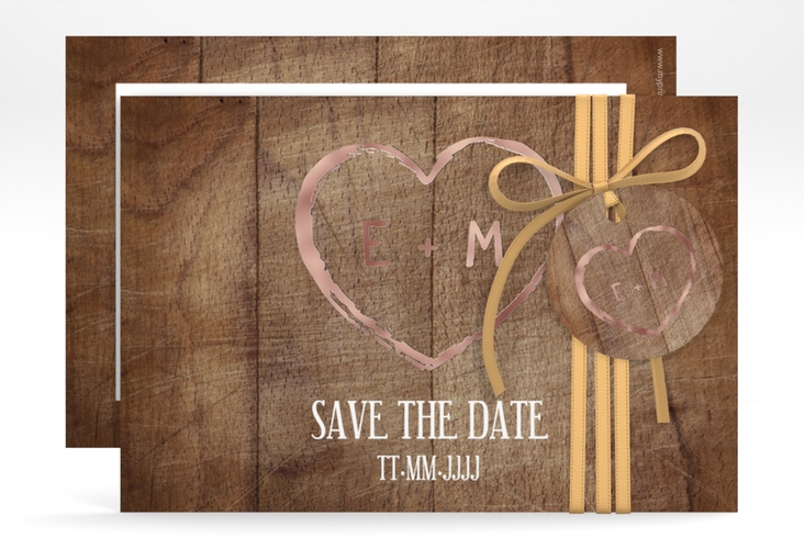 Save the Date-Karte Wood A6 Karte quer braun rosegold in Holz-Optik mit Herz und Initialen