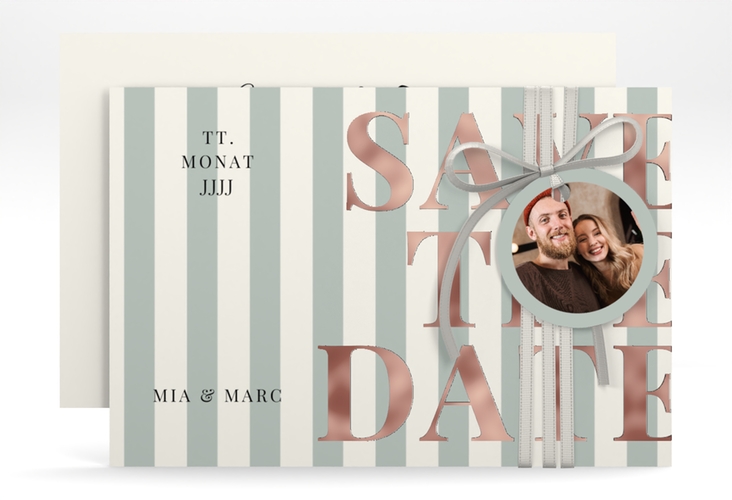 Save the Date-Karte Streifen A6 Karte quer gruen rosegold