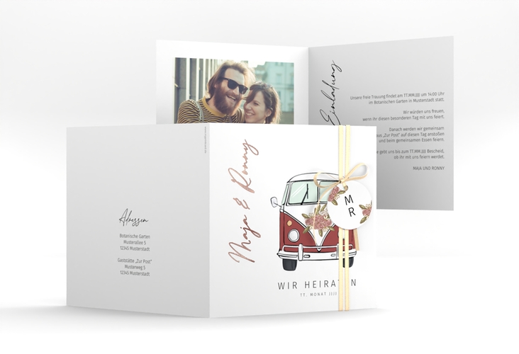 Hochzeitseinladung Hochzeitsbulli quadr. Klappkarte rot rosegold
