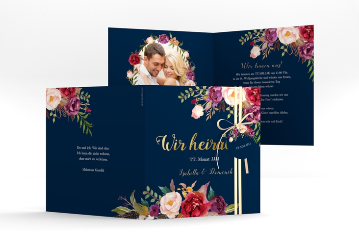 Hochzeitseinladung "Flowers" quadr. Klappkarte blau gold mit Aquarell-Blumen