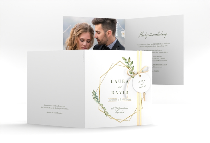 Hochzeitseinladung Herbarium quadr. Klappkarte gold gold mit geometrischem Rahmen und Blätter-Dekor