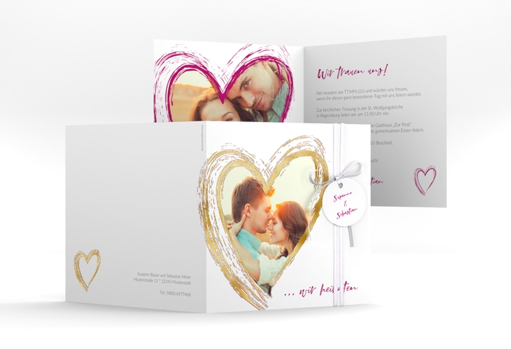 Hochzeitseinladung Liebe quadr. Klappkarte pink gold