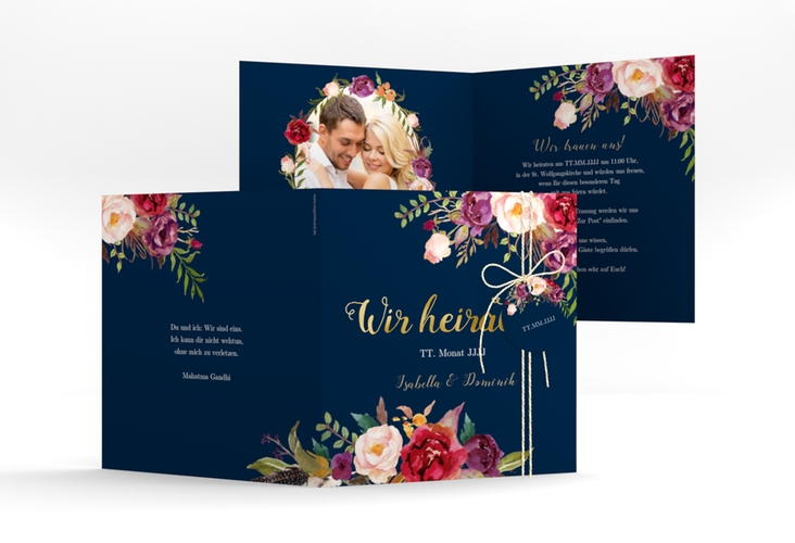 Hochzeitseinladung "Flowers" quadr. Klappkarte blau gold mit Aquarell-Blumen