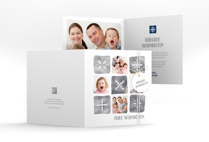 Weihnachtskarte Snowflakes quadr. Klappkarte blau silber