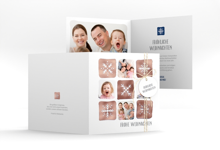 Weihnachtskarte Snowflakes quadr. Klappkarte blau rosegold