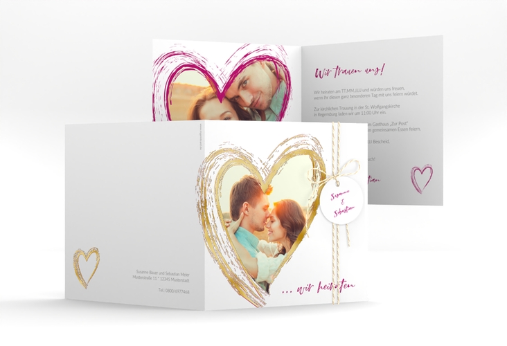 Hochzeitseinladung Liebe quadr. Klappkarte pink gold