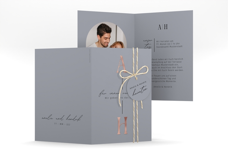 Einladungskarte Hochzeit Lebensbund A6 Klappkarte hoch rosegold mit veredelbaren Initialen