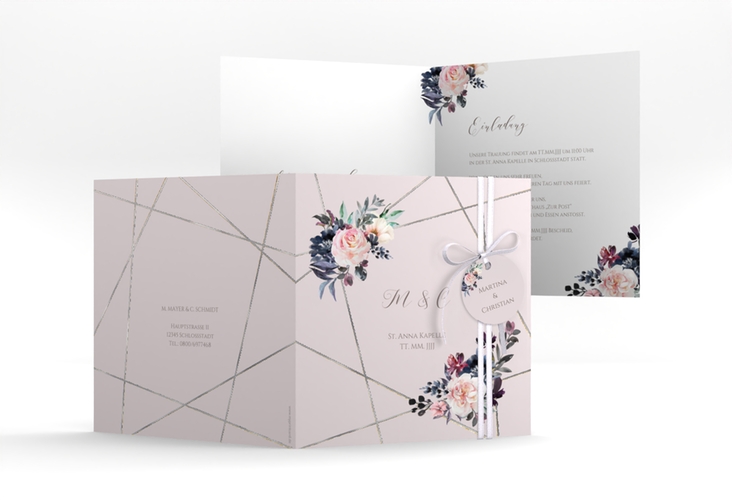Hochzeitseinladung Azalie quadr. Klappkarte rosa silber