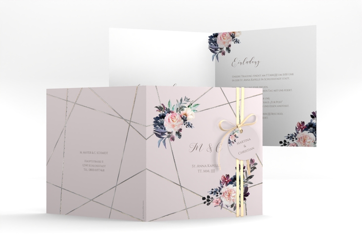Hochzeitseinladung Azalie quadr. Klappkarte rosa silber