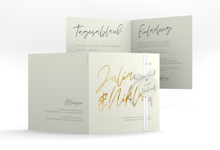 Hochzeitseinladung Einfachheit quadr. Klappkarte mint gold mit modernem Schriftzug