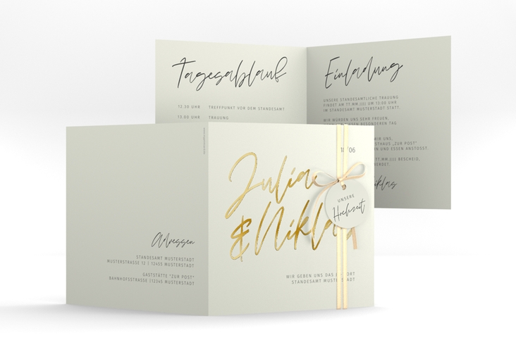 Hochzeitseinladung Einfachheit quadr. Klappkarte mint gold mit modernem Schriftzug