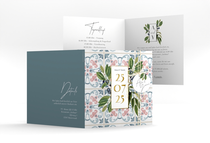 Hochzeitseinladung Mediterraner Flair quadr. Klappkarte bunt gold mit Auzlejo-Fliesenmuster und Lorbeer