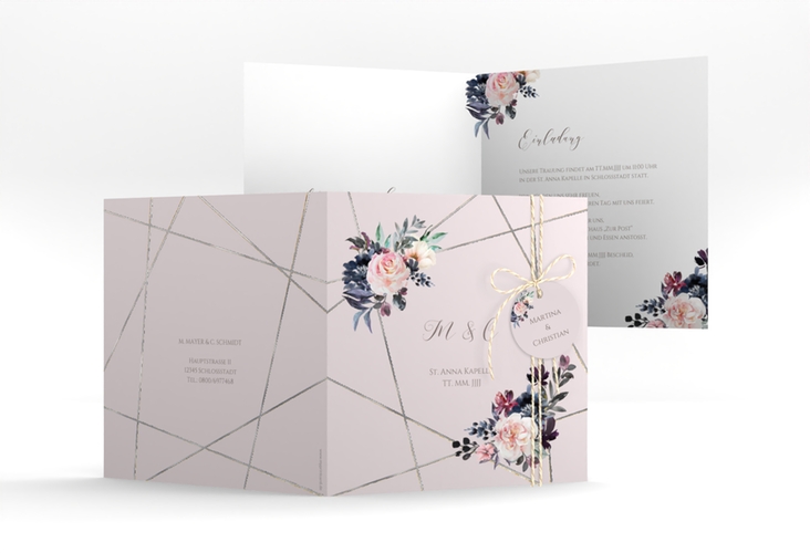 Hochzeitseinladung Azalie quadr. Klappkarte rosa silber