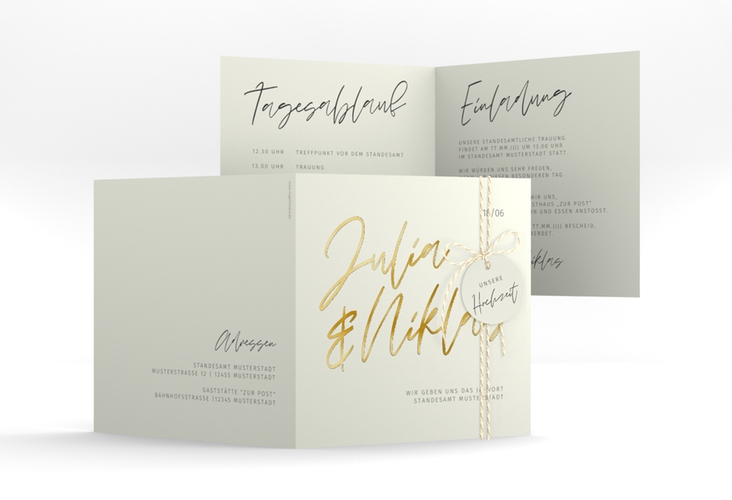 Hochzeitseinladung Einfachheit quadr. Klappkarte mint gold mit modernem Schriftzug