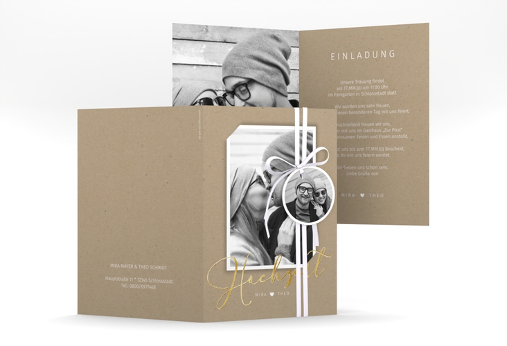 Einladungskarte Hochzeit Crafty A6 Klappkarte hoch gold mit Foto des Brautpaars