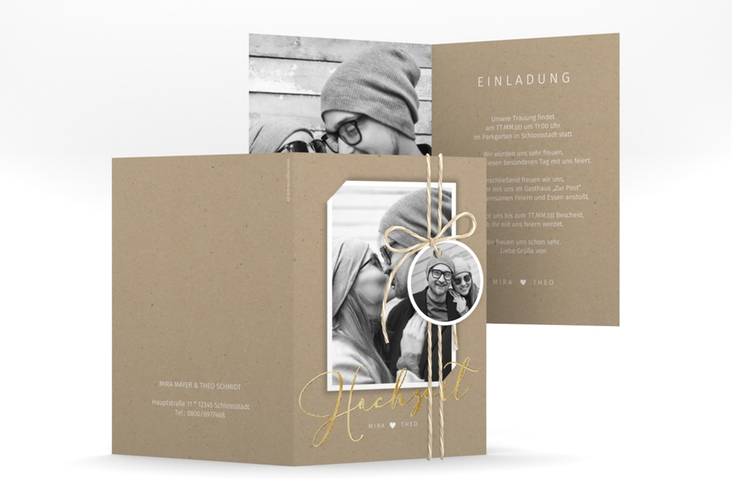 Einladungskarte Hochzeit Crafty A6 Klappkarte hoch gold mit Foto des Brautpaars