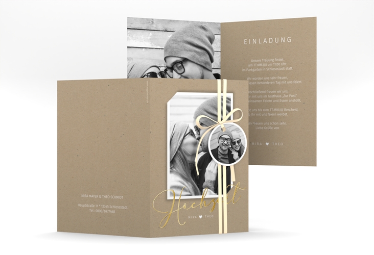 Einladungskarte Hochzeit Crafty A6 Klappkarte hoch gold mit Foto des Brautpaars