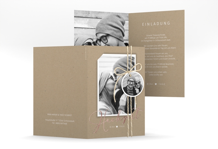 Einladungskarte Hochzeit Crafty A6 Klappkarte hoch rosegold mit Foto des Brautpaars