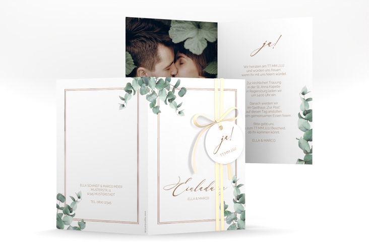 Einladungskarte Hochzeit "Eucalypt" A6 Klappkarte hoch rosegold mit Eukalyptus und edlem Rahmen
