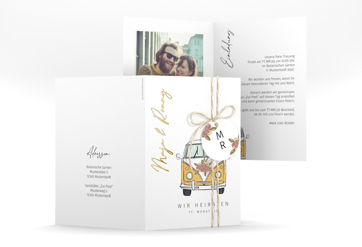 Einladungskarte Hochzeit Hochzeitsbulli A6 Klappkarte hoch gold mit Gräsern und Trockenblumen für Boho-Hochzeit