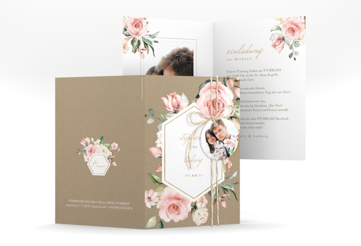 Einladungskarte Hochzeit Graceful A6 Klappkarte hoch gold mit Rosenblüten in Rosa und Weiß