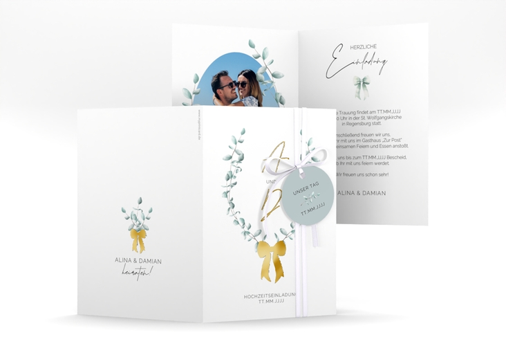 Einladungskarte Hochzeit Eucalypt Bow A6 Klappkarte hoch gold