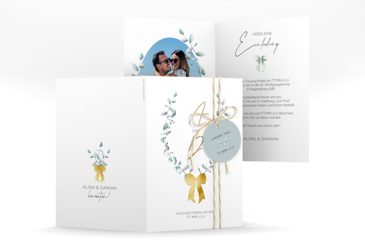 Einladungskarte Hochzeit Eucalypt Bow A6 Klappkarte hoch gold