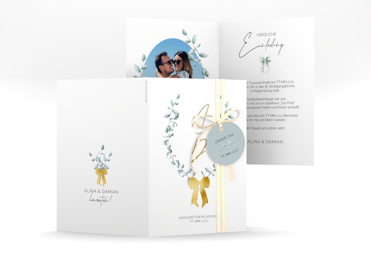 Einladungskarte Hochzeit Eucalypt Bow A6 Klappkarte hoch gold